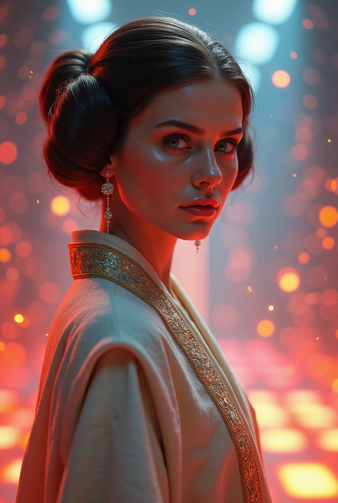 (realistic:1.2), (realism), (masterpiece:1.2), (best quality), (ultra detailed), (8k, 4k, intricate),(full shot:1), (85mm),light particles, lighting, (highly detailed:1.2),(detailed ), (gradients), colorful,(detailed background),detailed ,(sexy leia),(from head to toe:1.6)