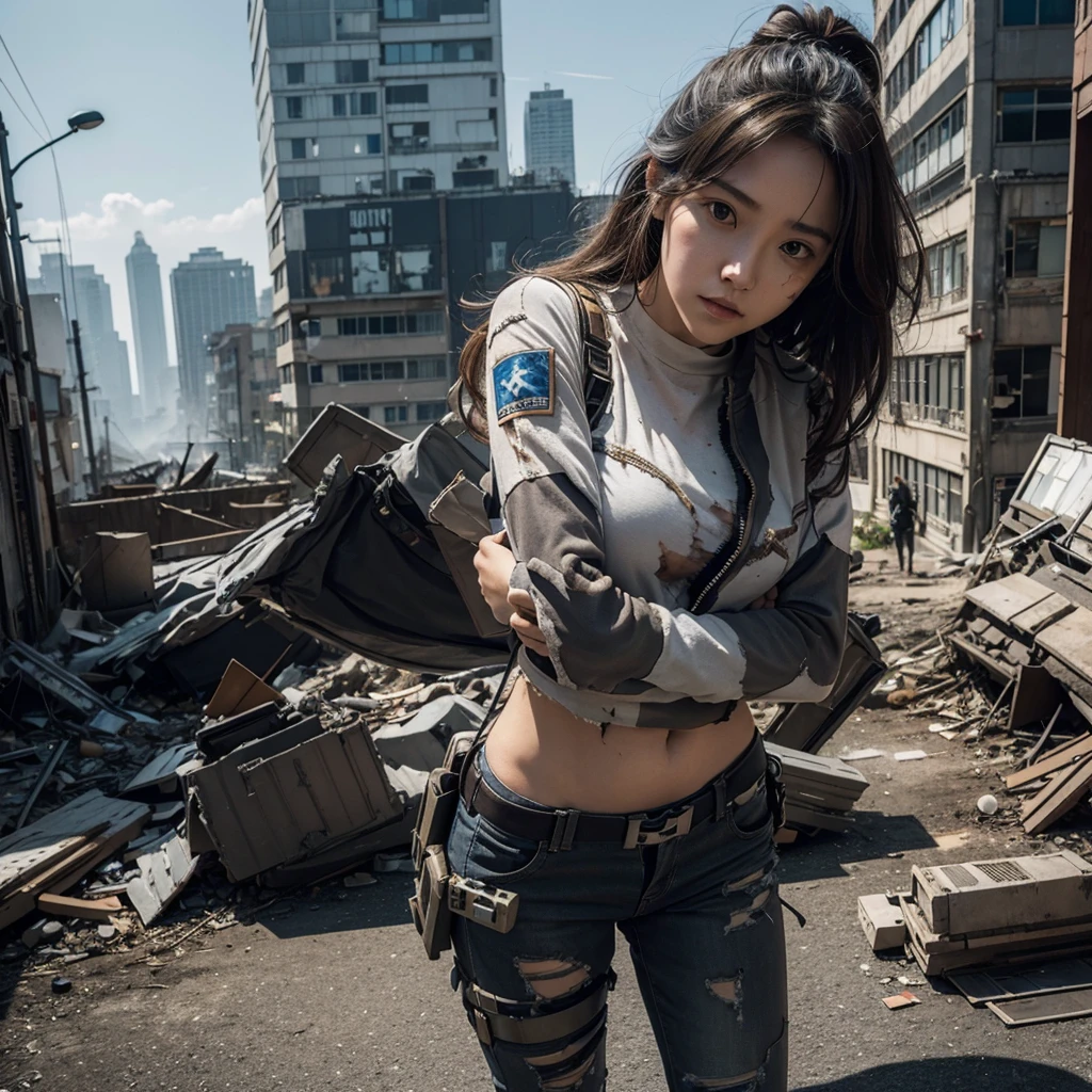 woman, unkempt hair, exosuit chest, torn clothes, war wounds, holds knife, sneaky pose, full body focus, destroyed city background