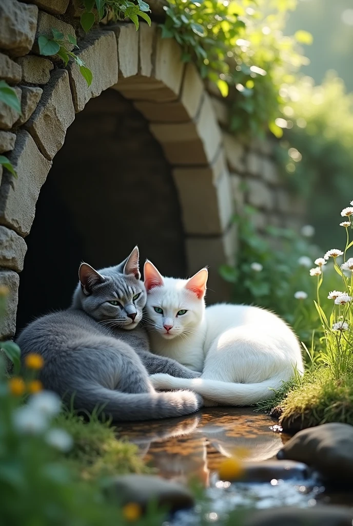 The gray cat with blue eyes and the white cat with green eyes are lying under a bridge sleeping