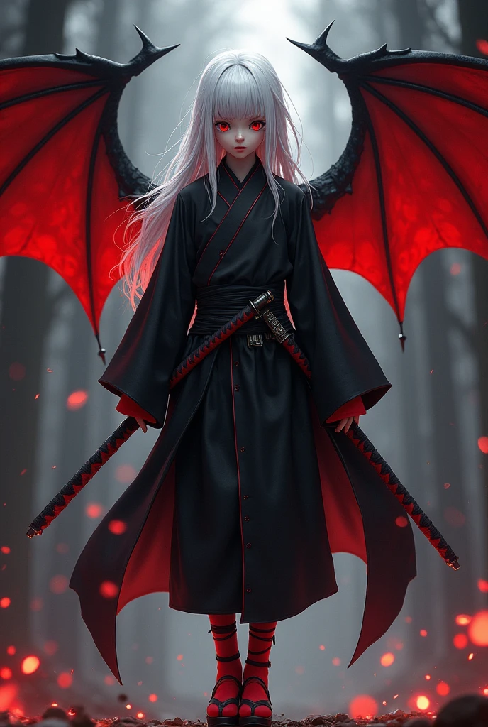 Kizuro is a young boy with a thin and slender body., 1,75 tall, Eyes red, pale skin, long white hair that reaches more than halfway down her back, with strands on each side of the head, with a fringe that covers one of his eyes, more precisely, the left eye. He wears a black demon hunter uniform with a slight red trim., red tabi socks, and a pair of red zori with black straps and a black haori on the back. He has a katana on each side of his waist in black sheaths., which are 90 cm long. Kizuro has black bat wings with red interior on the sides and an extremely feminine face..