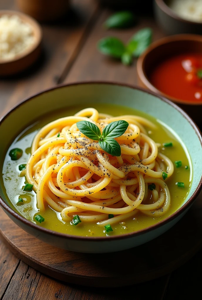 Cacio e pepe with sinigang broth - topped with freshly grated pecorino romano cheese, straight top view, whole plate straight top view