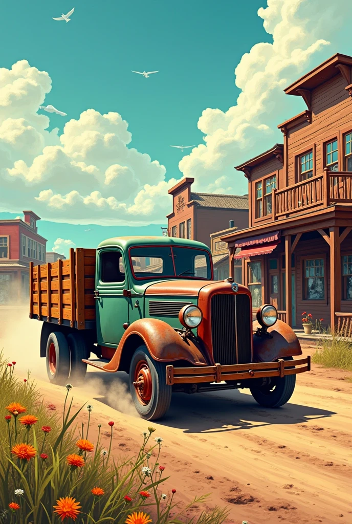 Comic color hyperrealistic look 1900s in the wild west a farm truck goes down the road in the background you can see the city