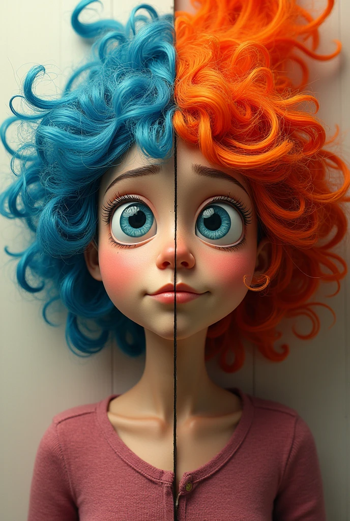 The emotions of inside out, with the face of an adult woman, Each one separated by a wall and each emotion with a mop instead of hair
