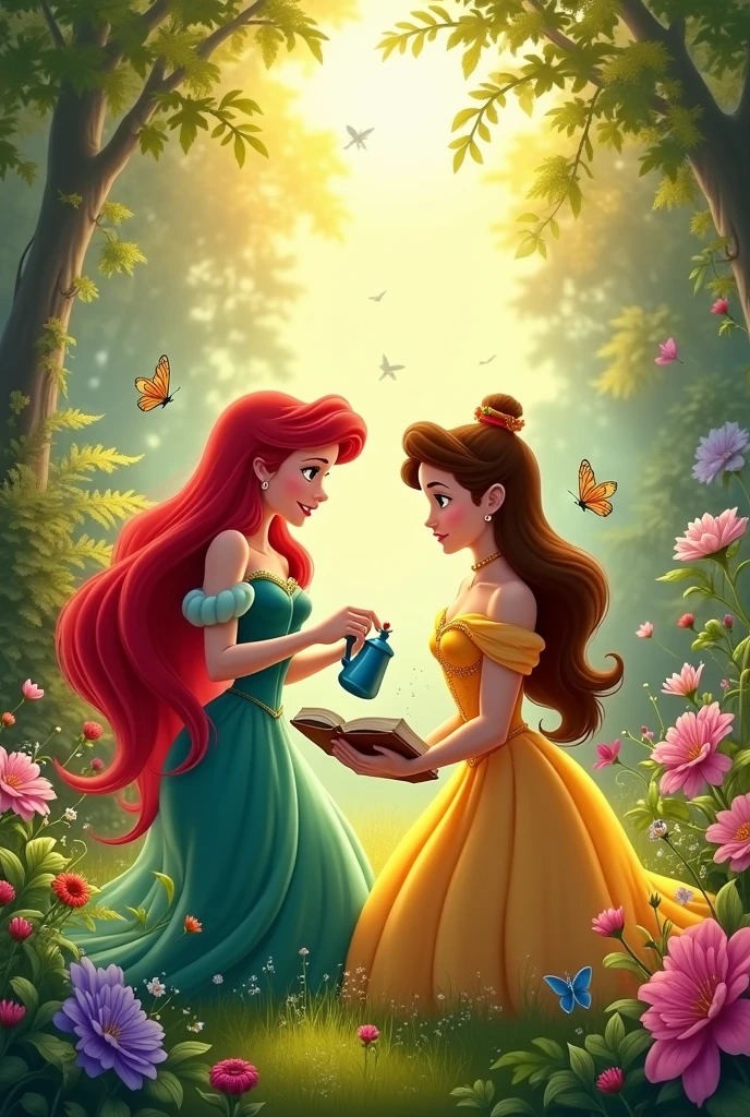 Give me a picture that shows Disney princesses up close taking care of plants and in nature