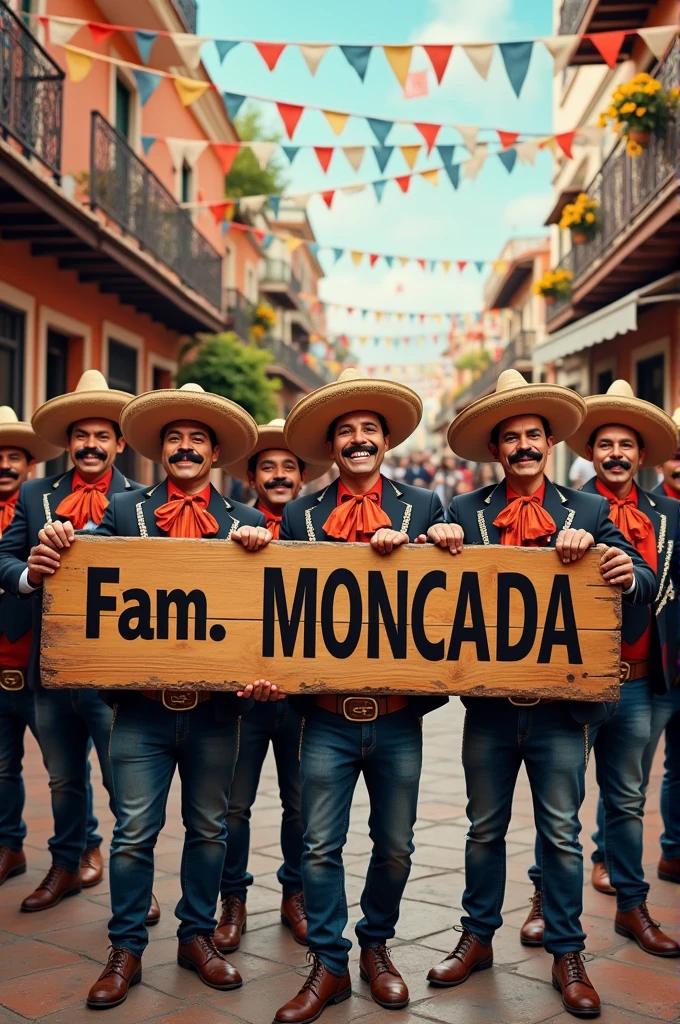 Band of black Mexicans with mustaches and ass faces with a sign that says: Fam. MONCADA