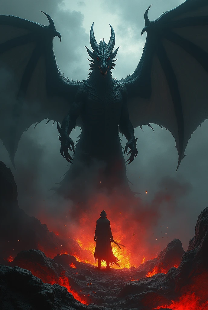 I have a gaming guild called Umbra Draconum, Its meaning is dragon shadow, I want a cover image of the guild, that black flames with light shades of red and yellow emerge from the ground, the whole image should have a dark tone, The Dragon must emerge from the bottom in the form of a shadow
