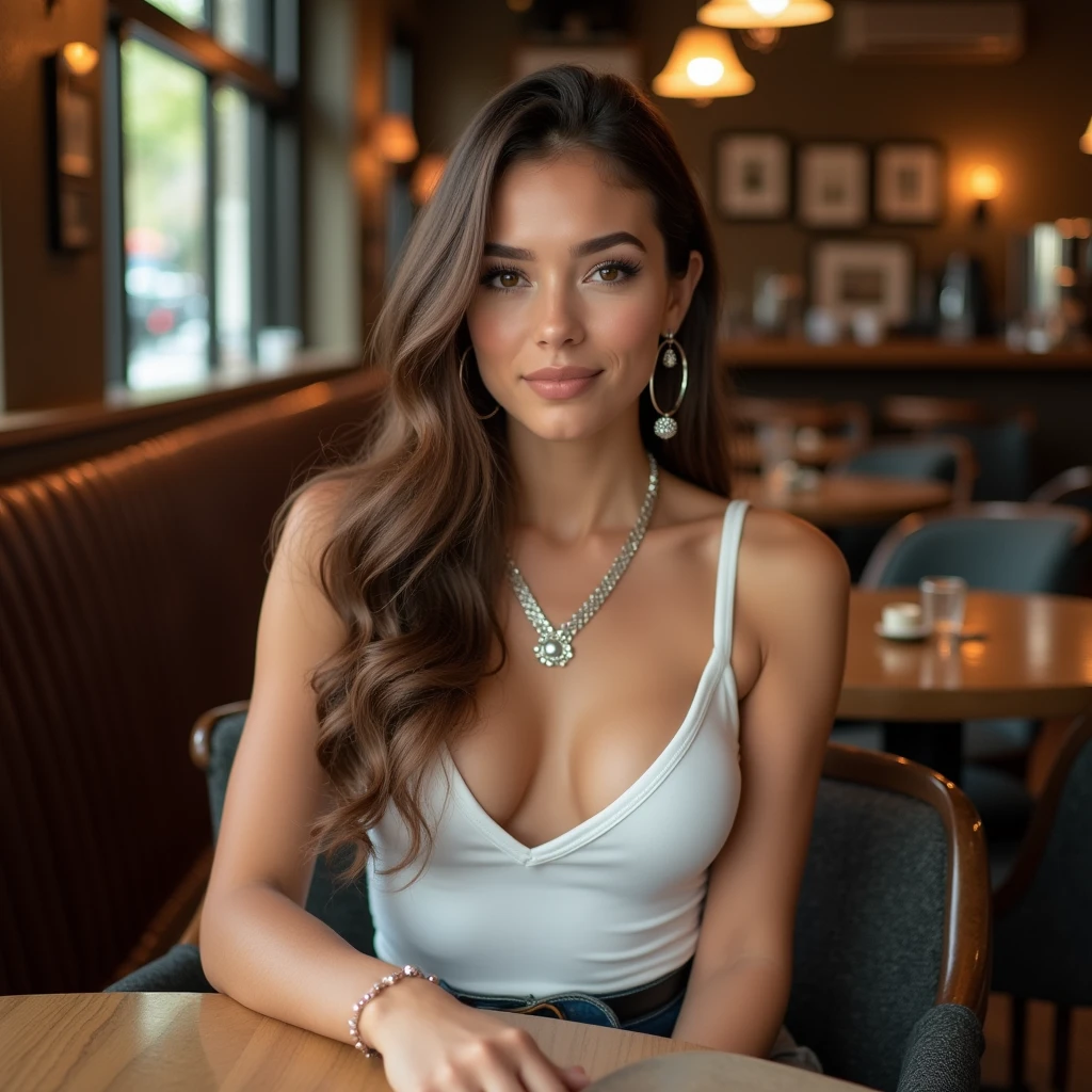 a 24 year old white woman, nice body, long straight brown hair and brown eyes, white low-cut tank top, silver necklace, hoop earrings, in a coffee shop, cafe