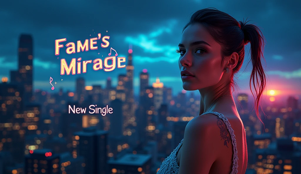 For the YouTube thumbnail and cover of the song “Fame's Mirage,” design a striking urban backdrop with a city skyline at twilight, creating a dramatic and moody atmosphere. In the foreground, feature a realistic, slim, and beautiful female singer with lifelike details, capturing her allure and emotional depth. Her expression should convey a mix of allure and introspection, reflecting the song's themes. Position her near a broken mirror reflecting a bright spotlight, symbolizing the illusion and fleeting nature of fame. Use a color palette of deep blues and purples with bright highlights to enhance the dramatic and emotional tone. Display the title, “Fame's Mirage,” in a bold, modern font, and add a subtitle like “New Single” or “Official Video” in a smaller, stylish typeface. Incorporate elements such as a microphone and musical notes into the cityscape, blending seamlessly with the realistic image of the singer to emphasize the urban and melodic feel of the cover.
