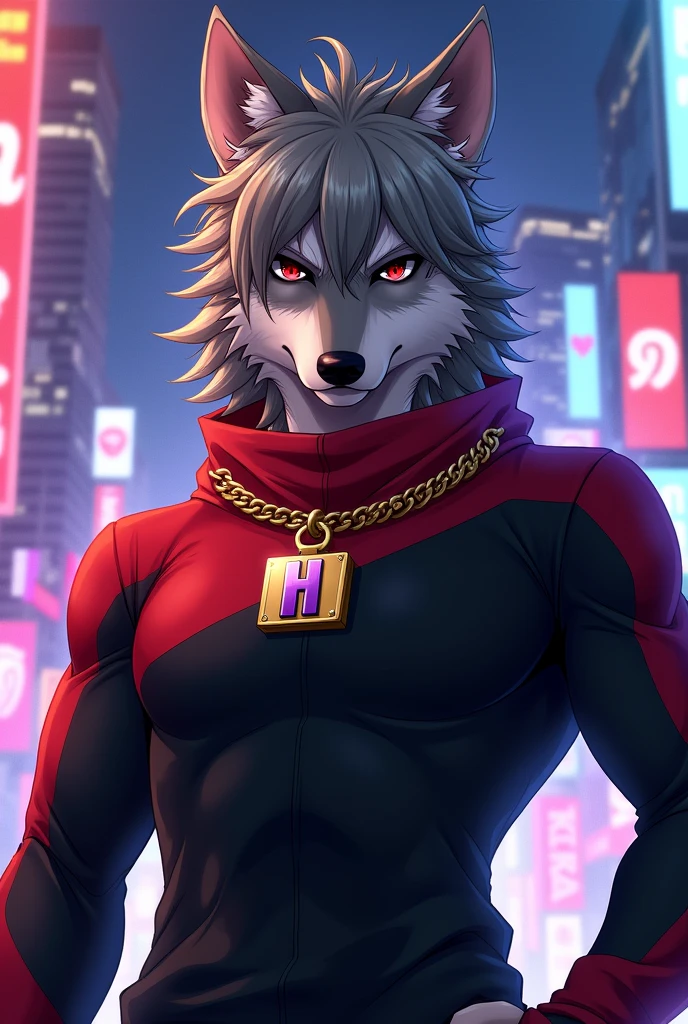 Anime style drawing of a male anthropomorphic wolf furry with gray fur and slightly long, spiky hair, There is a hair passing between the two eyes, has a lot of fur behind, that goes all the way to your back, a bit of your back fur passing over your shoulder and staying in front of your chest, has a serious expression, has red eyes and dark circles, wears a red collar with a gold tag with a purple h symbol printed on it, wears a black and red long sleeve shirt from the chest down.