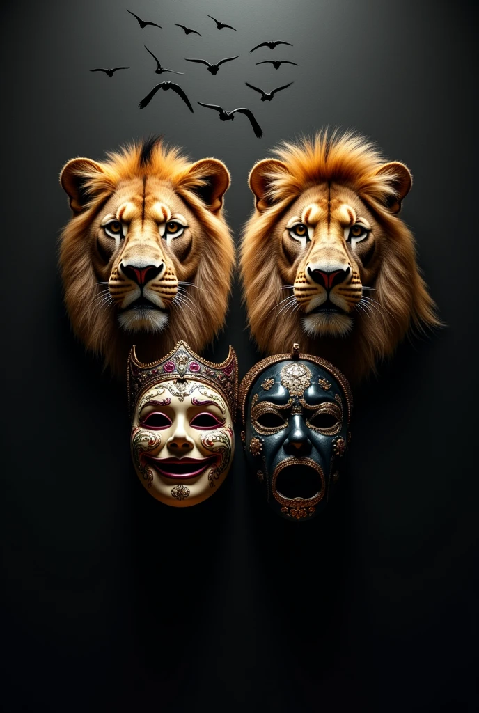 Theater masks with light and black wall in the background and lions in the back with birds flying
