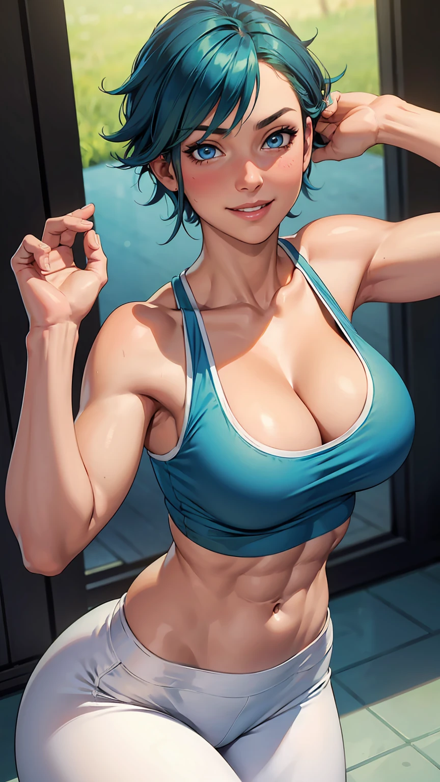 1girl, beautiful fair skin, blue eyes, short green hair, white tank top, yoga pants, medium , cleavage, large breast, dynamic poses, toned abs, cute shy smile, blushing