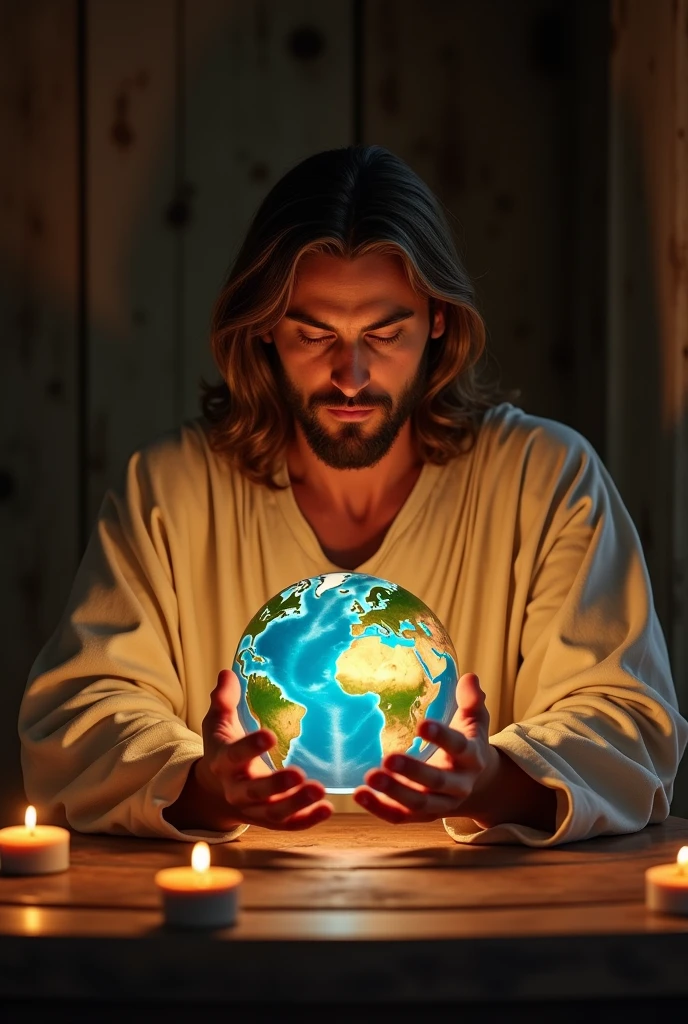 Jesus sitting praying at a table holding the planet earth with his face forward looking at the camera. With a normal face countenance