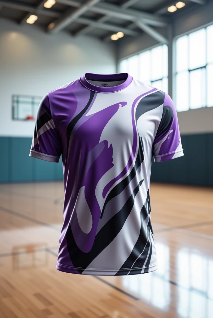 A sports jersey with a white base color and black and purple designs, that can be used for men and women