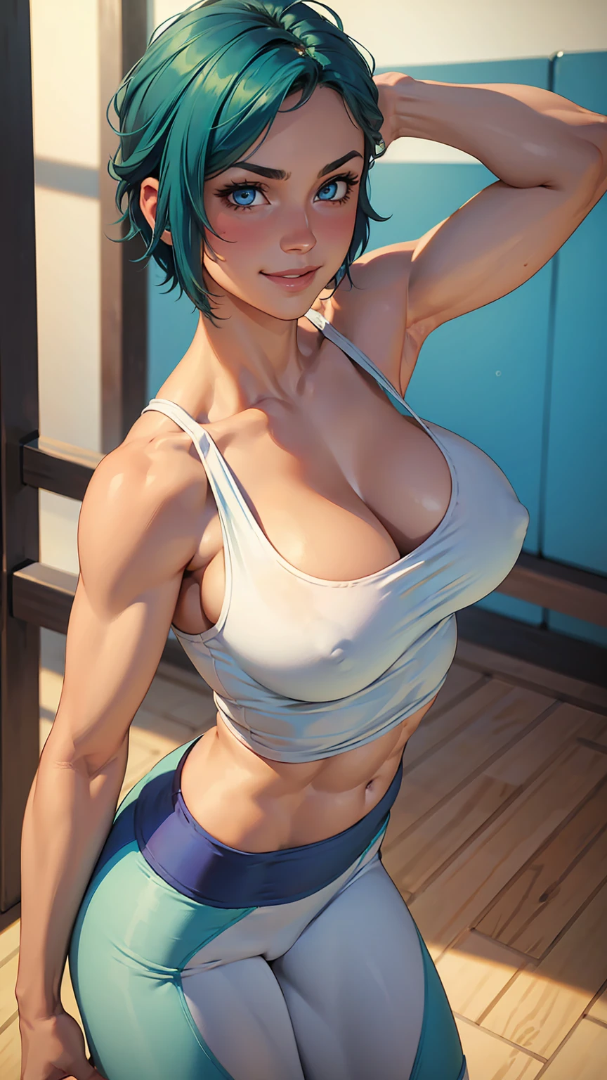 1girl, beautiful fair skin, blue eyes, short green hair, white tank top, yoga pants, medium , cleavage, large breast, dynamic poses, toned abs, cute shy smile, blushing