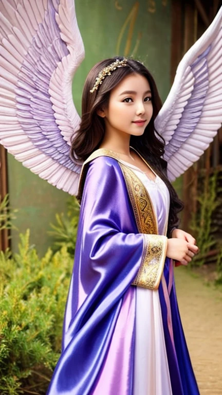 Beautiful female angel with outstretched wings and a silk cloak、She's here to help humanity、She is at the top of the mountain、 Fine art, Golden shining light、god々Shining light、An inverted sea spreads across the sky、Fisheye Lens