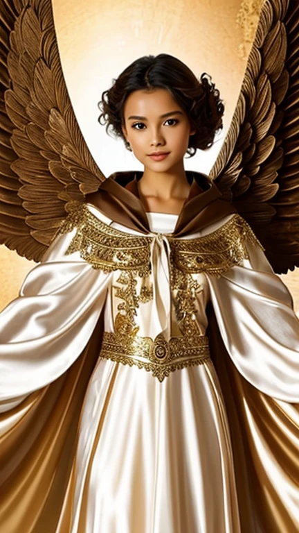 Beautiful female angel with outstretched wings and a silk cloak、She's here to help humanity、She is at the top of the mountain、 Fine art, Golden shining light、god々Shining light、An inverted sea spreads across the sky、Fisheye Lens
