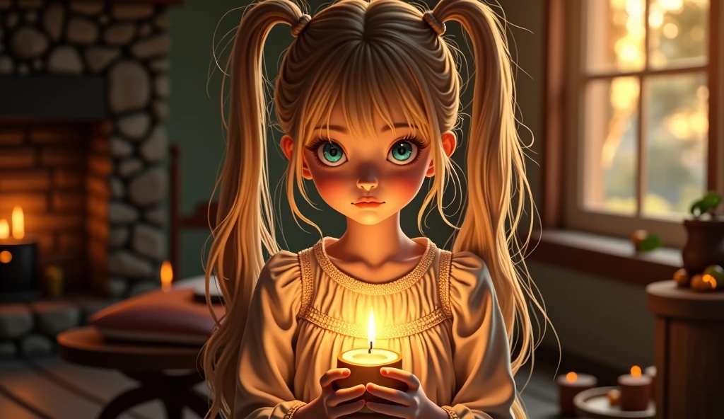 I have a candle lantern.,Blonde,beautiful girl,live-action,With bangs,Twin tails in a raised position