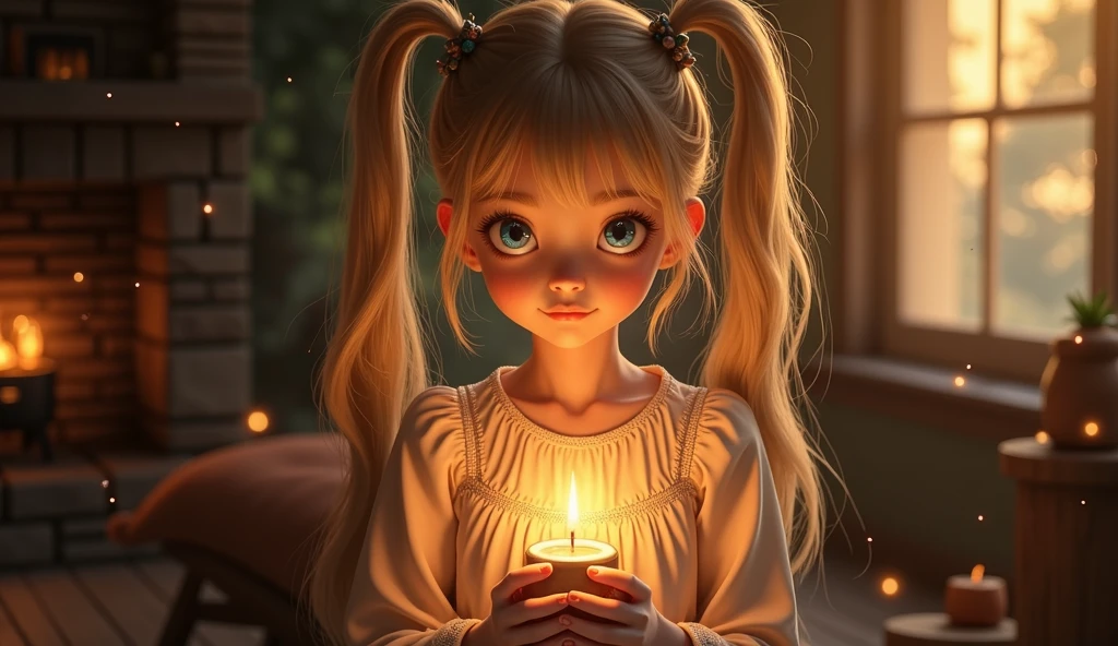I have a candle lantern.,Blonde,beautiful girl,live-action,With bangs,Twin tails in a raised position