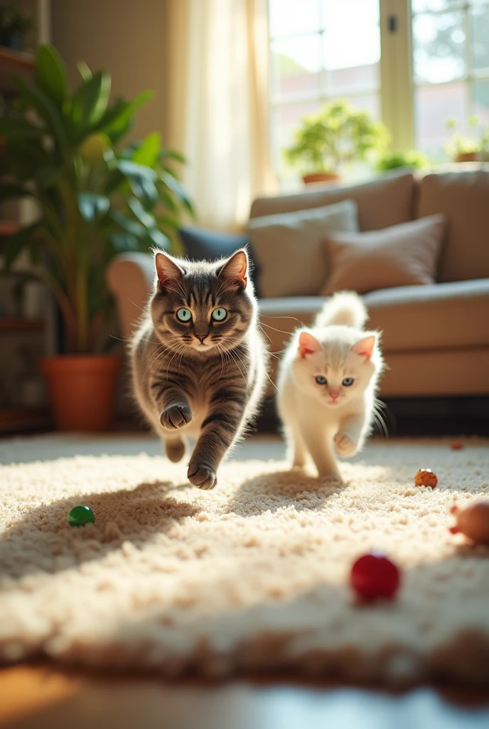The gray cat with blue eyes and the white cat with green eyes are playing