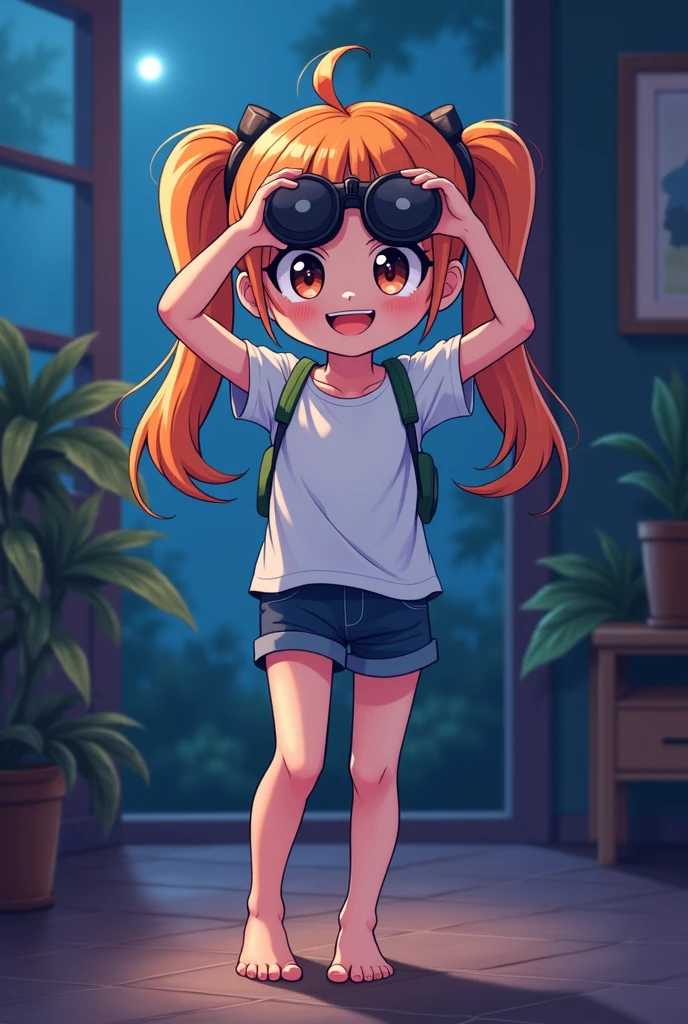“Vector t-shirt design, inspired by the art style of Nekotoufu (0.5 influence), featuring a solo scene of a 25-year-old girl with twin tails, depicted indoors at night. The focus is on her upper body, with a smug expression as she holds binoculars. The background should be blurred, enhancing the sense of depth and mystery, while the girl is drawn with thick lines to emphasize her features. She is barefoot, adding a casual yet intriguing element to the scene. The overall composition should balance a blend of playful and mysterious vibes, perfect for a stylish and unique t-shirt design.”