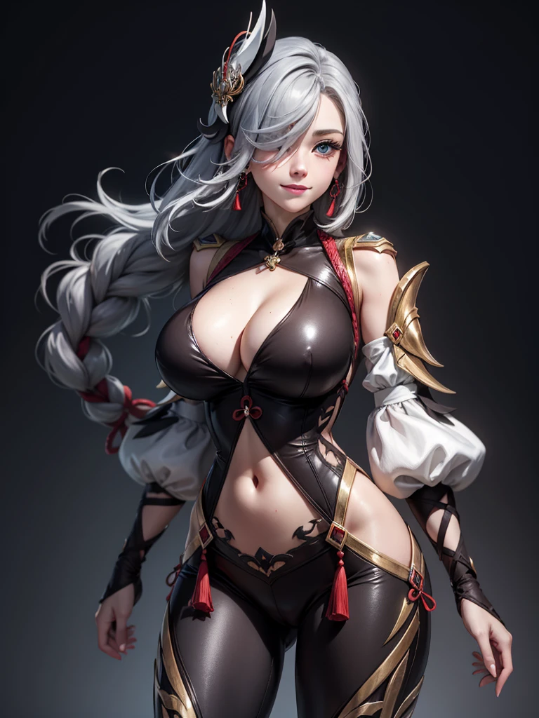 earrings, braided ponytail, puffy sleeves, gold trim, gloves, bodysuit, breast curtain, shoulder cutout, covered navel, hip vent, clothing cutout, tassel, (luxury livingroom background), ShenheV4, anime cels style, best quality, high resolution, 1girl, (huge breasts:1.2), beautiful face, grey hair, long hair, hair ornament, hair over one eye, blue eyes, cowboy shot, smiling