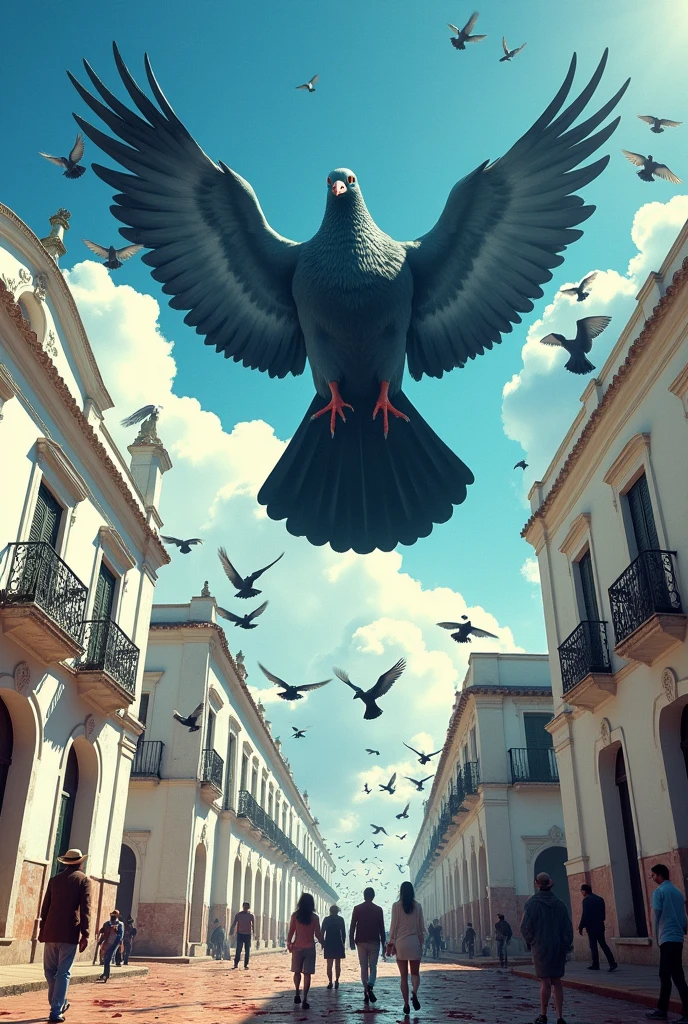 Fictional movie poster of a pigeon in a suit a giant-sized pigeon invading the colonial city of Popayán Colombia a city with white colonial buildings, The pigeon invasion must be with its lice and its poop. The pigeon must be perched on the white colonial buildings and the pigeon must be larger than the buildings.