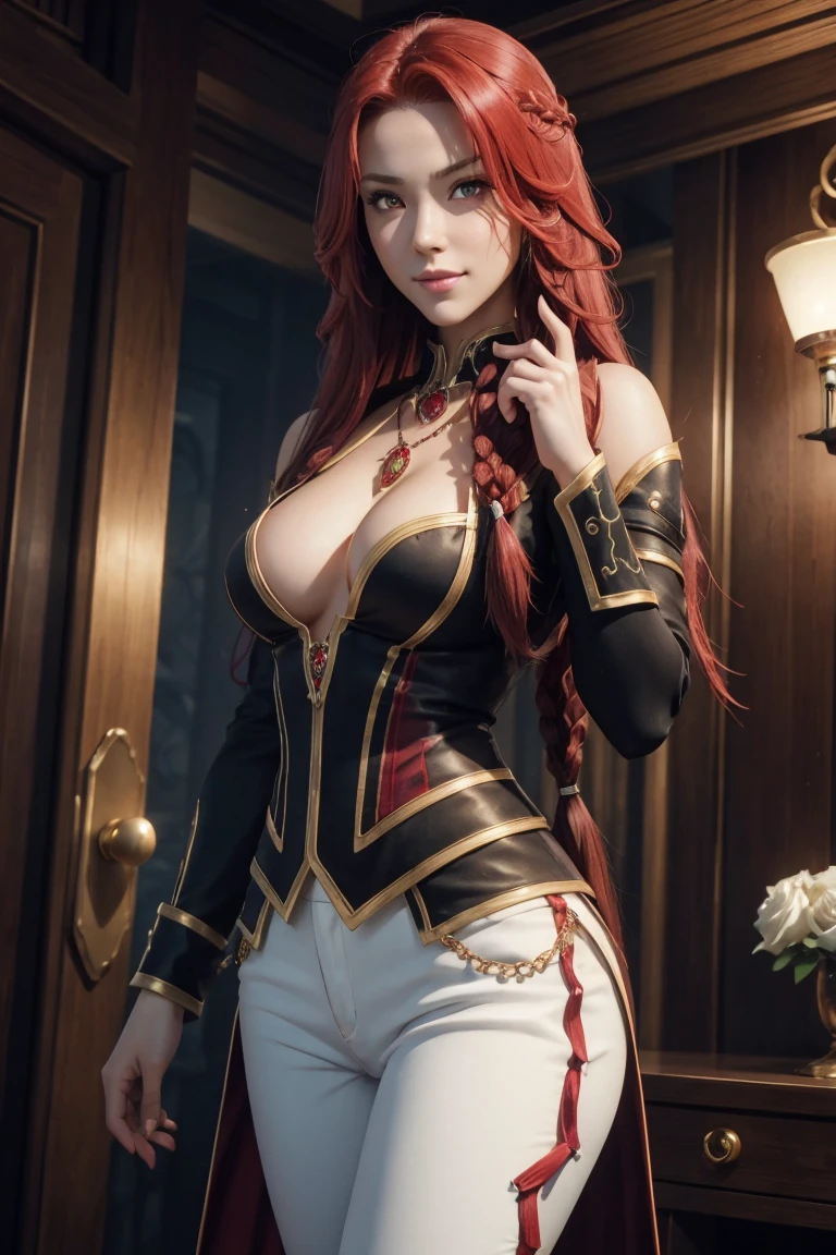 I want to be a powerful figure behind the scenes！,Iris Midgar,Red hair,long hair,Outside flip,with a single braid on one side only,Red eyes,Red Eyes,Beautiful white skin,A suit in black with gold trim,White long pants,Sapphire necklace,Photorealistic,Ultra HD,high quality,masterpiece,Digital SLR,Detailed details,Intricate details,Anatomical basis,Depicted in detail,A detailed face,Realistic skin texture,Vivid details,Perfect Anatomy,Perfect Anatomy,Anatomically correct hand,Anatomically correct fingers,Super Detail,Complex 3D rendering,The worldview of a fantasy with sexy poses,In the great outdoors,Petals of roses dance,Picturesque,Pink Lips,smile,