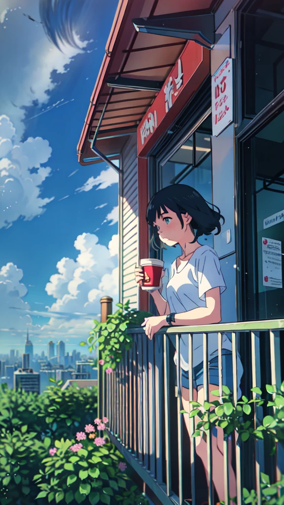 a girl standing on a balcony with a cup of coffee, cgsociety 9, chillhop, alena aenami and artgerm, makoto shinkai and artgerm, lofi girl aesthetic, anime scenery, makoto shinkai and (cain kuga), lofi aesthetic, anime landscape, anime nature, roof background, anime wallaper