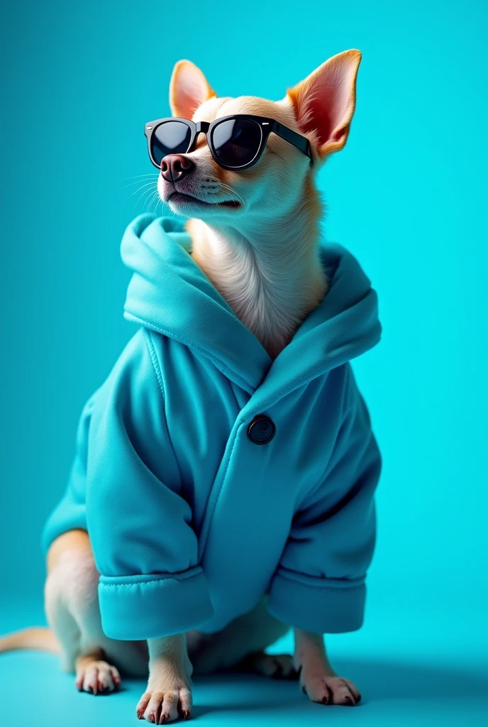 The best cell phone wallpaper, Award-Winning Wallpaper, portrait photography, In the front view is a portrait of a cute dog wearing mid-1960s space age fashion, Side view photo, Shot with Canon EOS R5, Set a strong contrast that accentuates the subject, Fluorescent blue tone, Wearing a very modern coat and sunglasses is a modern 1960s style, Clothes all in one color, beautiful background