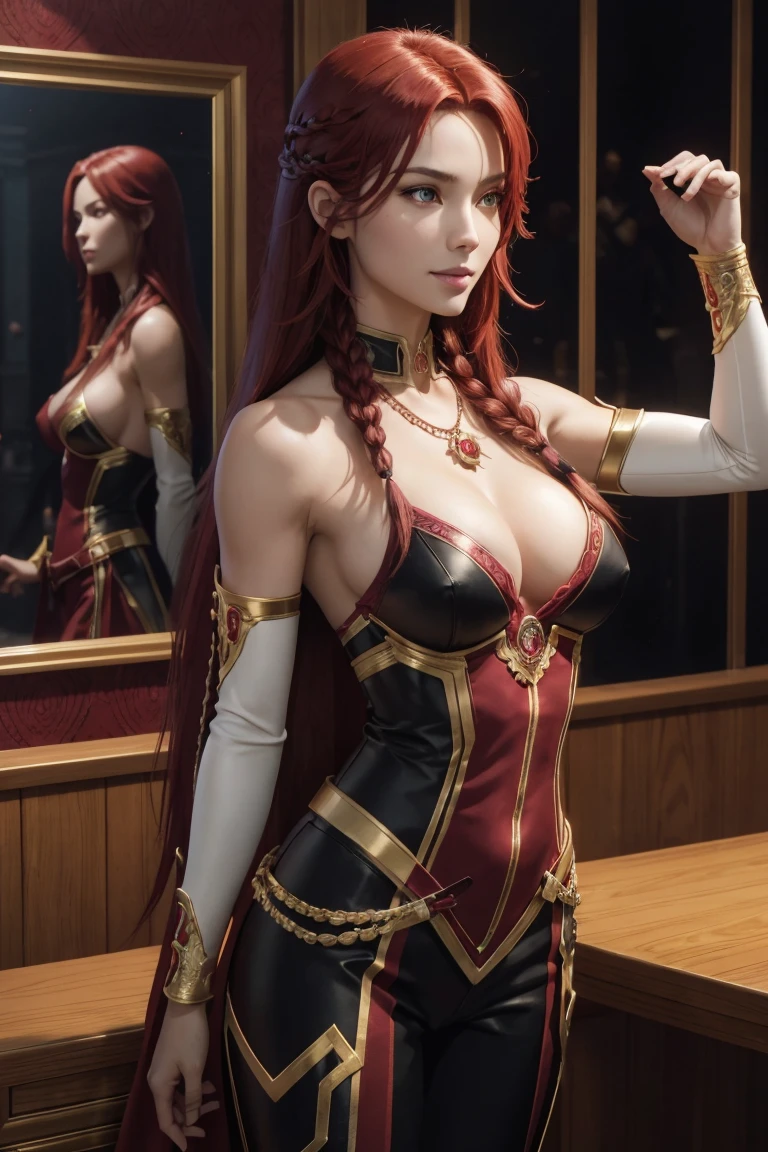 I want to be a powerful figure behind the scenes!,Iris Midgar,Red hair,long hair,Outside flip,with a single braid on one side only,Red eyes,Red Eyes,Beautiful white skin,A suit in black with gold trim,White long pants,Sapphire necklace,Photorealistic,Ultra HD,high quality,masterpiece,Digital SLR,Detailed details,Intricate details,Anatomical basis,Depicted in detail,A detailed face,Realistic skin texture,Vivid details,Perfect Anatomy,Perfect Anatomy,Anatomically correct hand,Anatomically correct fingers,Super Detail,Complex 3D rendering,The worldview of a fantasy with sexy poses,In the great outdoors,Petals of roses dance,Picturesque,Pink Lips,smile,