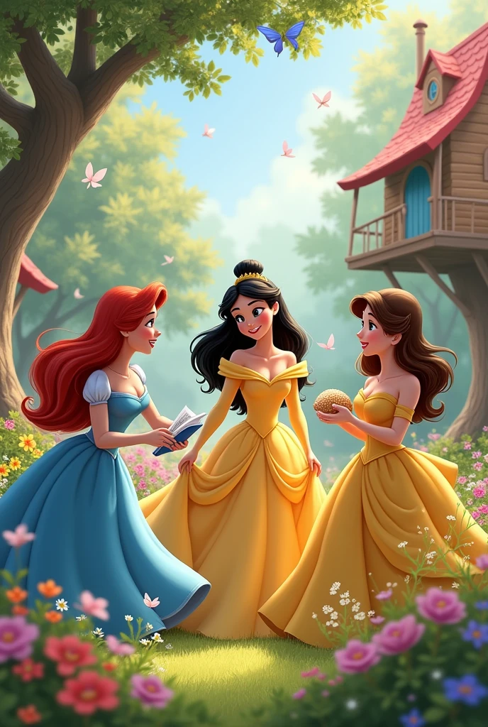 Give me a picture that shows Disney princesses up close caring for and playing with children..