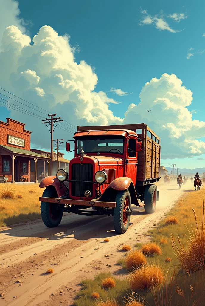 Comic color hyperrealistic look 1900s in the wild west a rusty farm truck goes down the road in the background you can see the city