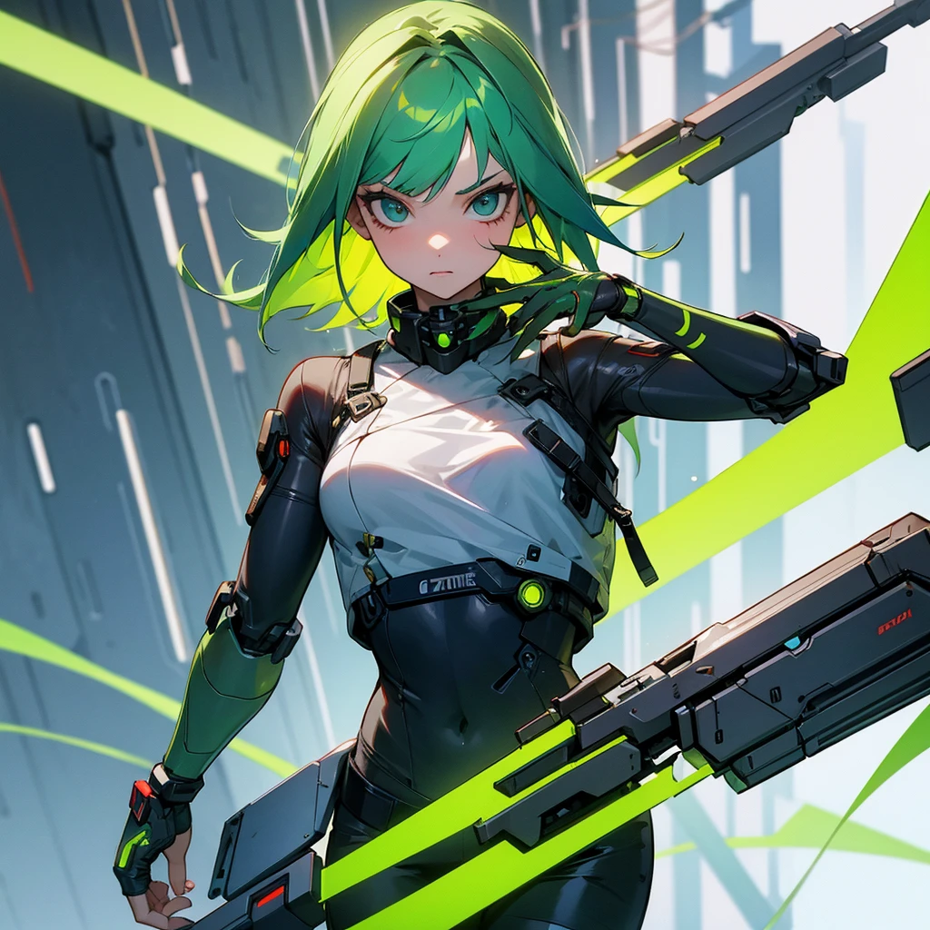 Young green-haired girl with a cybernetic prosthetic arm