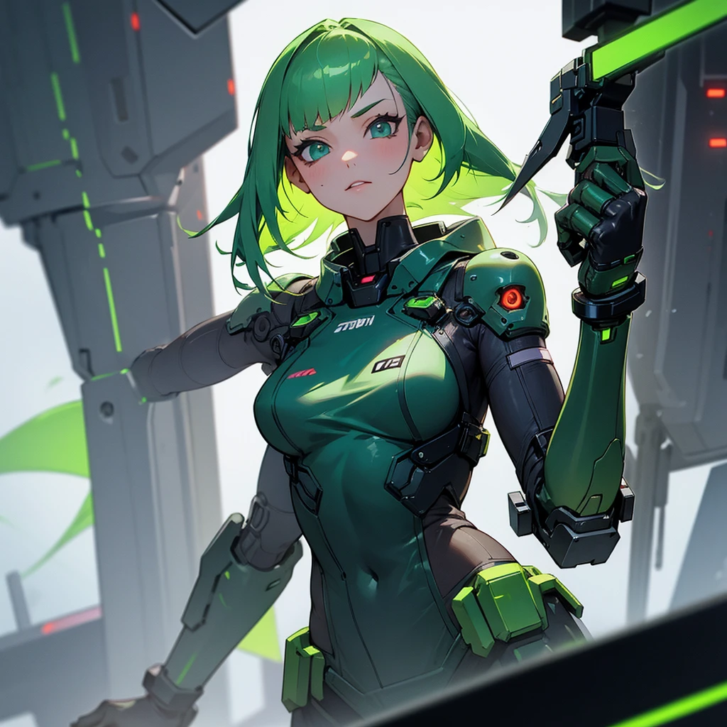 Young green-haired girl with a cybernetic prosthetic arm
