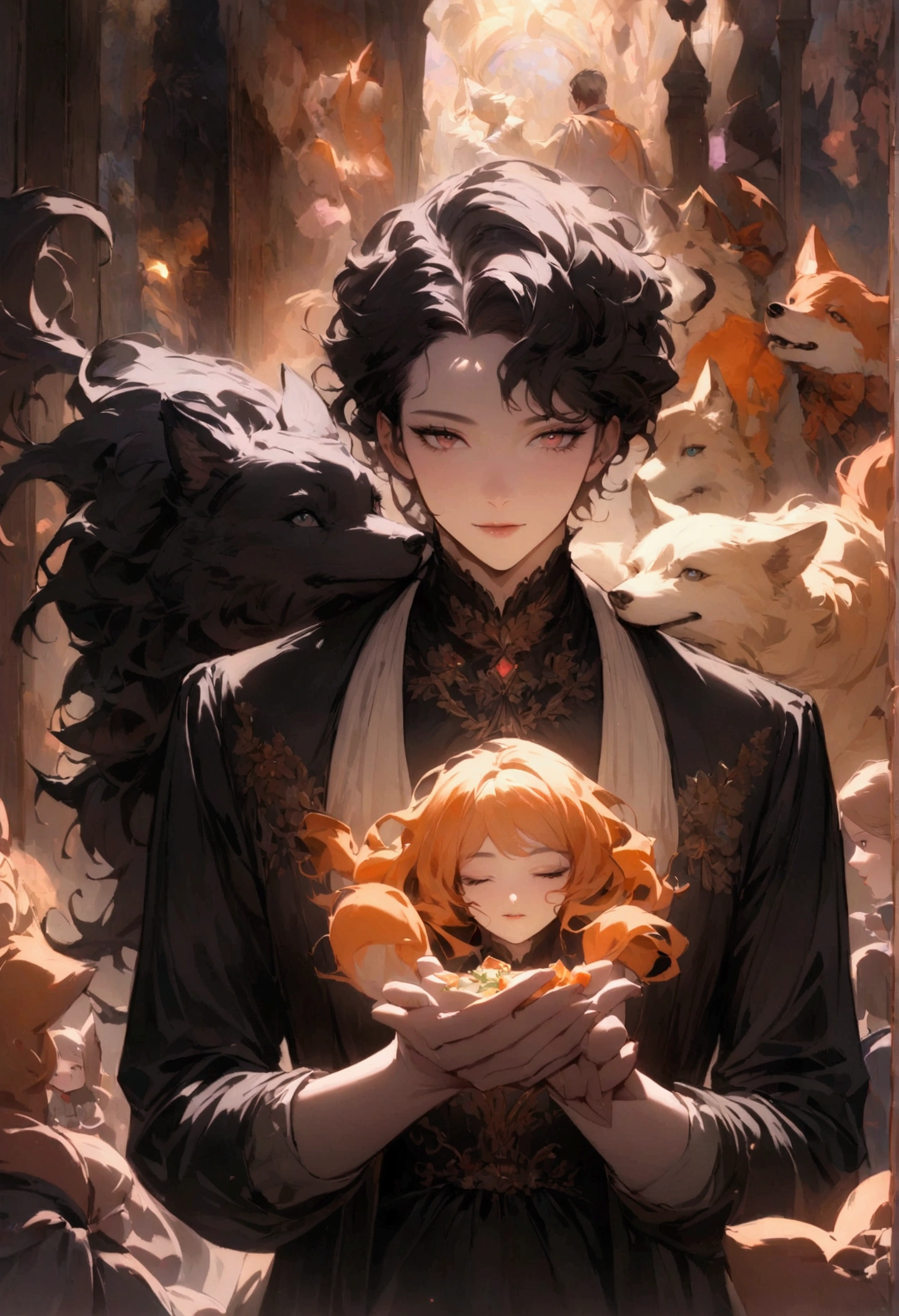 giant caramel color wolf in background, like an aura. with a male person in front, with dark drink in the hand.