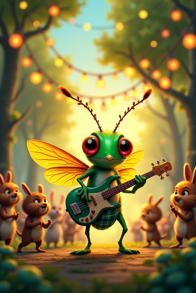 A cricket playing bass in his underwear
