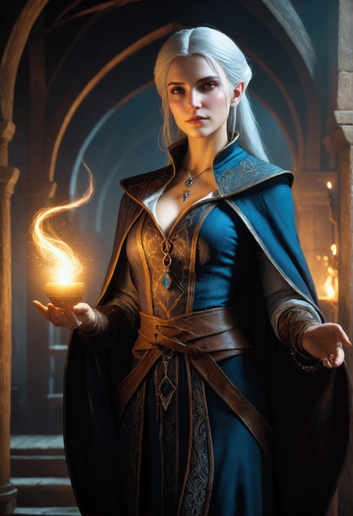 beautiful, slim, Young, sexy sorceress in the Witcher universe with aristocratic clothes. in full growth and with magic