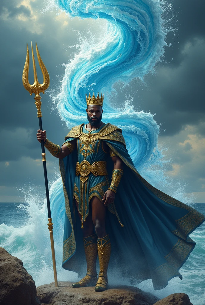 Black man with hyrdokenensis in cape and crown. Holding trident. Creating water tornado. Royal outfit
