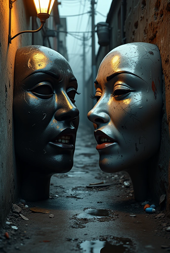 Black and white shiny surrealist theatre masks, with a background of a poor street