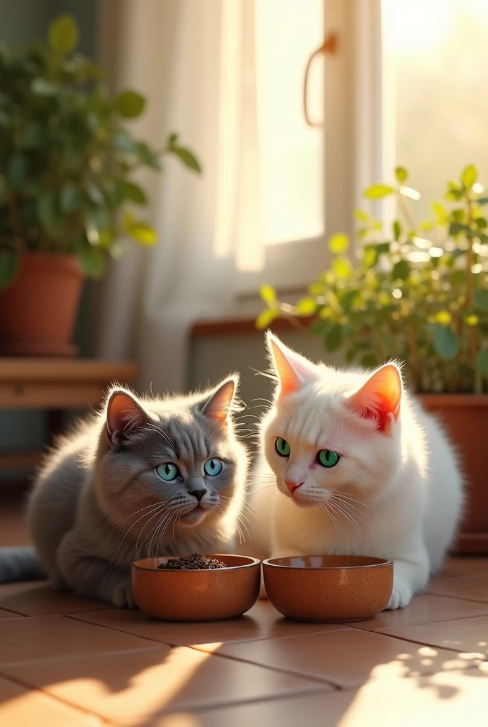The gray cat with blue eyes and the white cat with green eyes are eating together