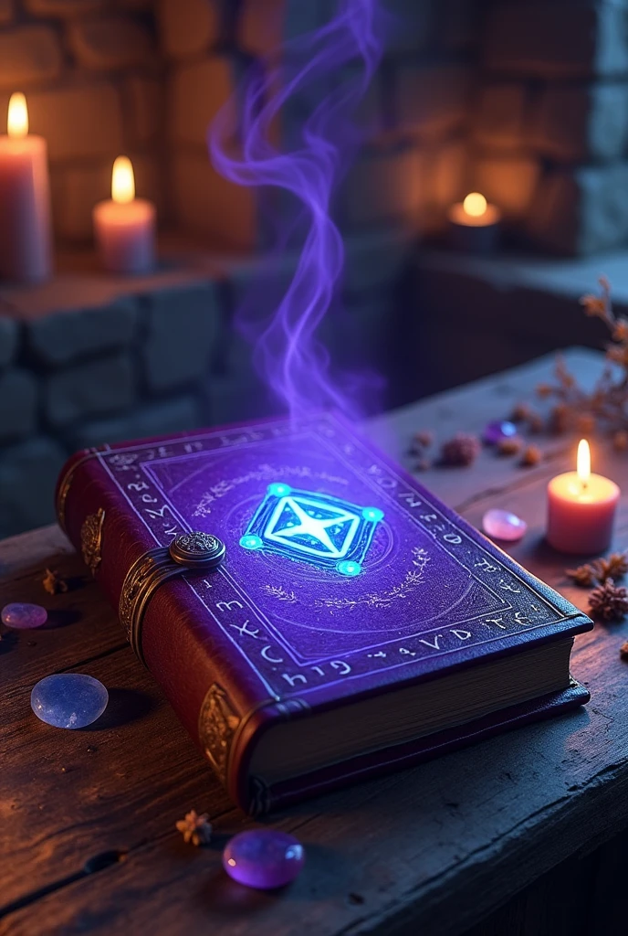 I want a grimoire, with a glowing blue jewel symbol and a purple aura around it