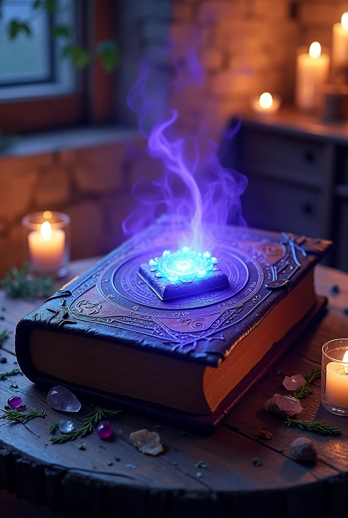 I want a grimoire, with a glowing blue jewel symbol and a purple aura around it