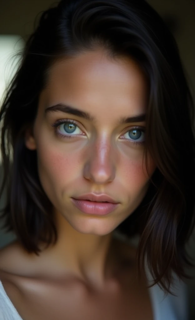 The image shows a close-up portrait of a young woman with dark, shoulder-length hair and striking blue eyes. She appears to be looking directly at the camera with a thoughtful expression. The lighting and composition of the photo highlight her natural beauty and youthful features. While I can describe the image, I do not identify any specific individuals shown.