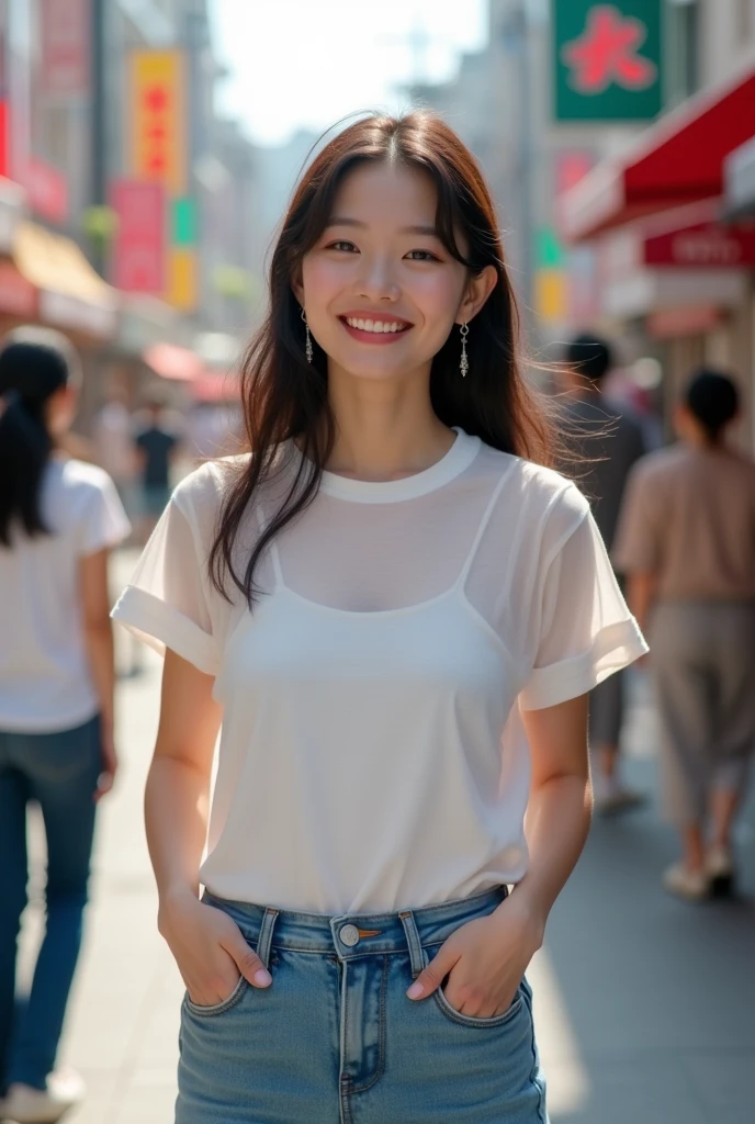 1 Japanese beautiful girl, ((Transparent white T-shirt:1.2, denim pants)), 18yo girl, Super beautiful detailed face, (smile:1.4), earrings, (various hair style:1.4, bangs), cowboy shot, (small breast:1.4, chubby body), (neutral-colored small areola), nude, Naked, BREAK, masterpiece, best quality, ultra quality, high quality, realistic, photo realistic, RAW photo, hyper detailed, intricate detaile, (crowded street:1.4),