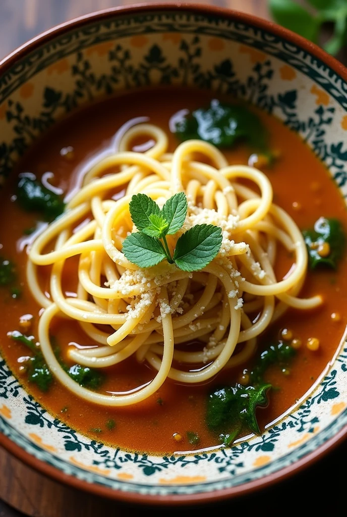 Cacio e pepe with sinigang broth - topped with freshly grated pecorino romano cheese, straight top view, whole plate top view 
