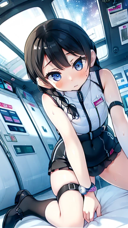 (Highest quality), (masterpiece), 1080P, High resolution, 4K, 8k, Inside the space station、Futuristic room、Thigh straps, Shooting from directly below, The woman on top of me, 白いSweat, Covered , Sweat, Woman looking down, Skirt swimsuit, Thigh-high socks, To achieve this, , , whole body, Black leather shoes, Braided hair, Inner Color, Embarrassed face, Short black hair, bracelet, Bedroom,celestial body_Vest