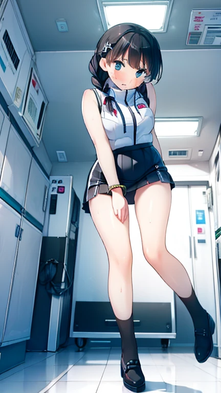 (Highest quality), (masterpiece), 1080P, High resolution, 4K, 8k, Inside the space station、Futuristic room、Thigh straps, Shooting from directly below, The woman on top of me, 白いSweat, Covered , Sweat, Woman looking down, Skirt swimsuit, Thigh-high socks, To achieve this, , , whole body, Black leather shoes, Braided hair, Inner Color, Embarrassed face, Short black hair, bracelet, Bedroom,celestial body_Vest
