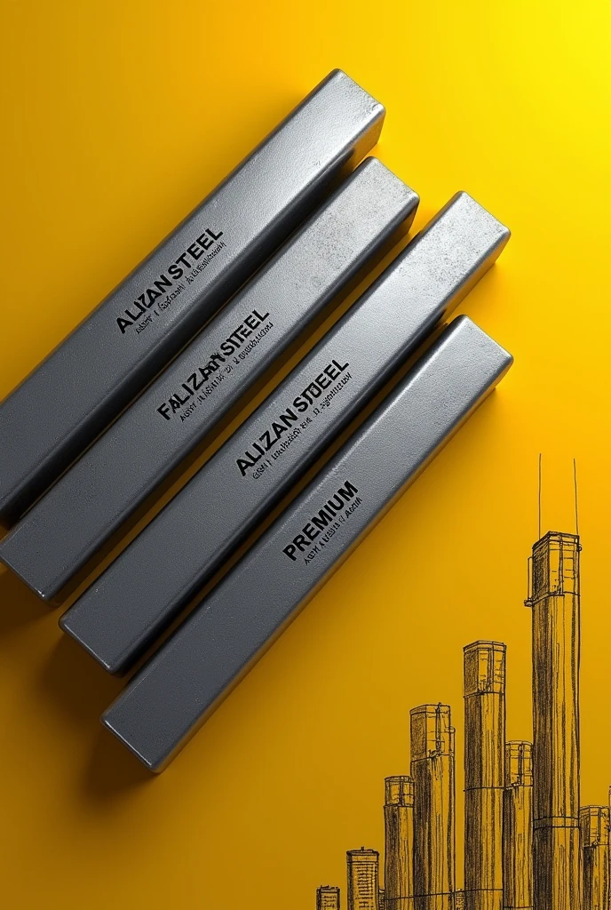 Create a high-resolution 8K image of four steel TMT bars (sariya) with a metallic texture, positioned diagonally from top-left to bottom-right, just like in the reference image. The bars should have engraved text "ALAM STEEL" instead of "Faizan Steel." The background should be yellow with a sketch of tall buildings in the lower right corner, similar to the original image. Ensure that the text on the bars is clear and well-aligned. The reinforcement bar/rod should appear shiny, reflecting light in a photorealistic manner. The image should also have the word "PREMIUM" written below the steel bars, followed by "ASTM A615 / A615M" in smaller font, just like the example. Use professional and detailed rendering for the overall composition to match the original quality.

