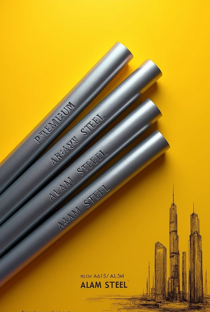Create a high-resolution 8K image of four steel TMT bars (sariya) with a metallic texture, positioned diagonally from top-left to bottom-right, just like in the reference image. The bars should have engraved text "ALAM STEEL" instead of "Faizan Steel." The background should be yellow with a sketch of tall buildings in the lower right corner, similar to the original image. Ensure that the text on the bars is clear and well-aligned. The reinforcement bar/rod should appear shiny, reflecting light in a photorealistic manner. The image should also have the word "PREMIUM" written below the steel bars, followed by "ASTM A615 / A615M" in smaller font, just like the example. Use professional and detailed rendering for the overall composition to match the original quality.
