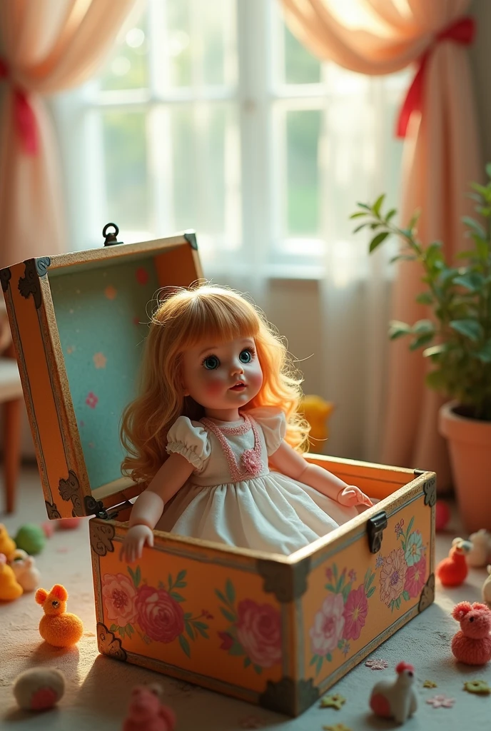 A box opening and a doll with blonde hair coming out of the box and singing